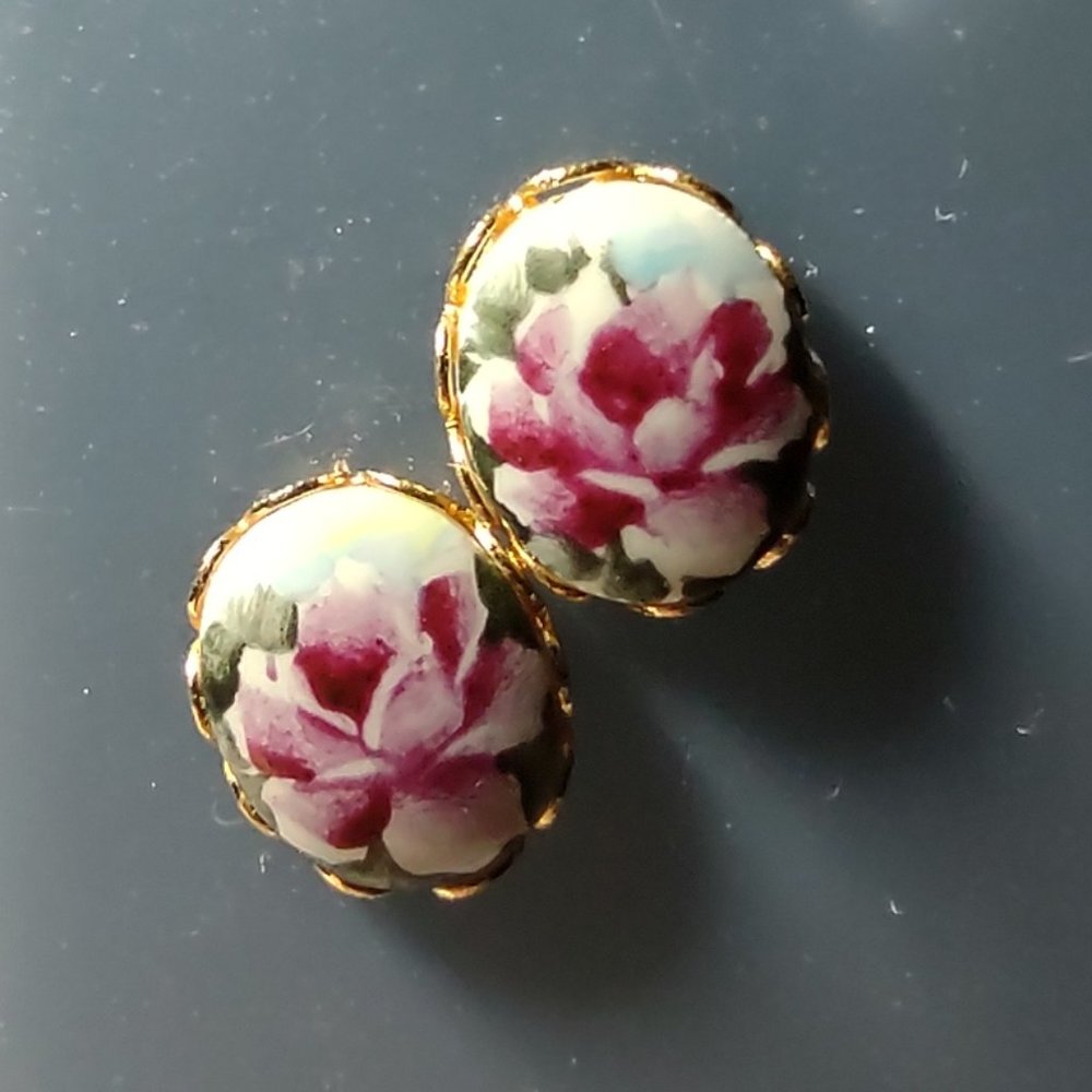 Hand Painted Roses on Porcelain Earrings